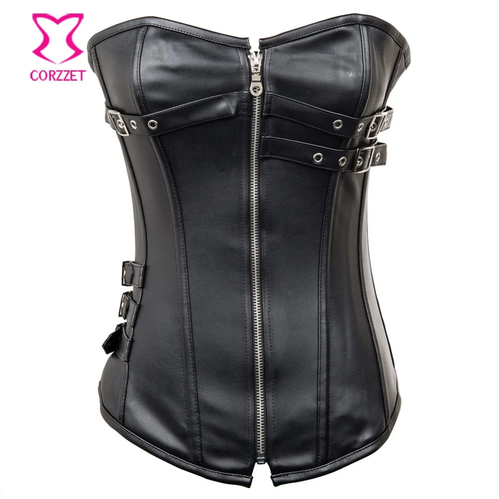 Corzzet Vintage Gothic Brown Leather Zipper Steel Boned Overbust Corset Lace Up Plus Size Waist Trainer Steampunk Clothing