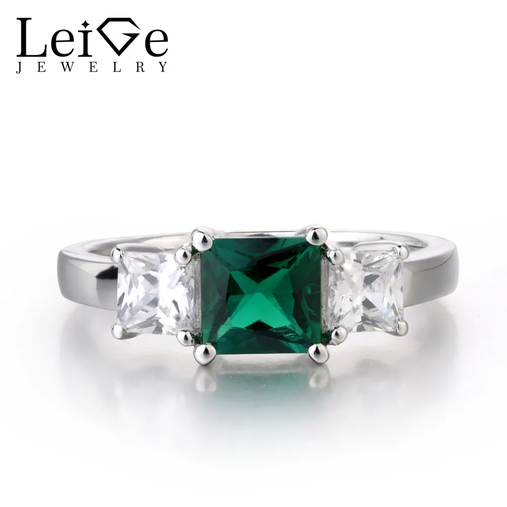 

Leige Jewelry Lab Created Emerald Ring Green Gemstone Engagement Anniversary Rings for Women Pricess Cut 925 Sterling Silver