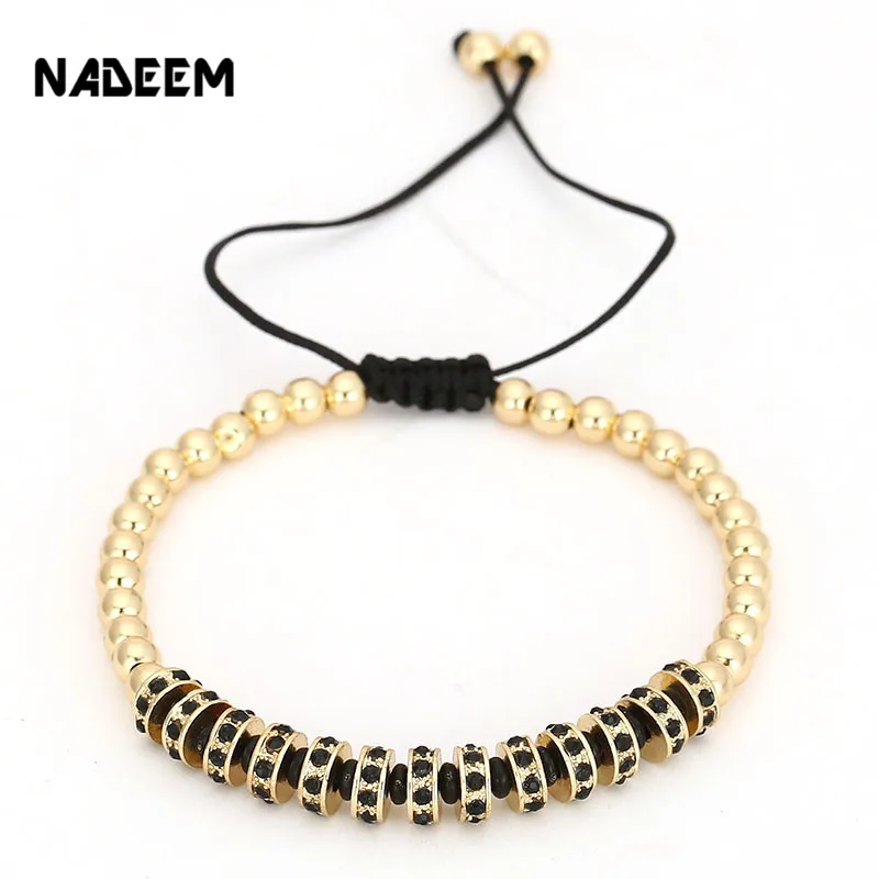 

NADEEM 2017 New Trendy Men Women'S Braided 6MM Gold Color Micro Pave Black CZ Circle Charm Bead Strand Macrame Bracelet Jewelry