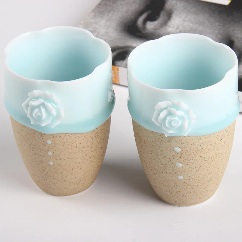 3D кружка с розами резная ручная зеленой глазурью оригинальная художественная