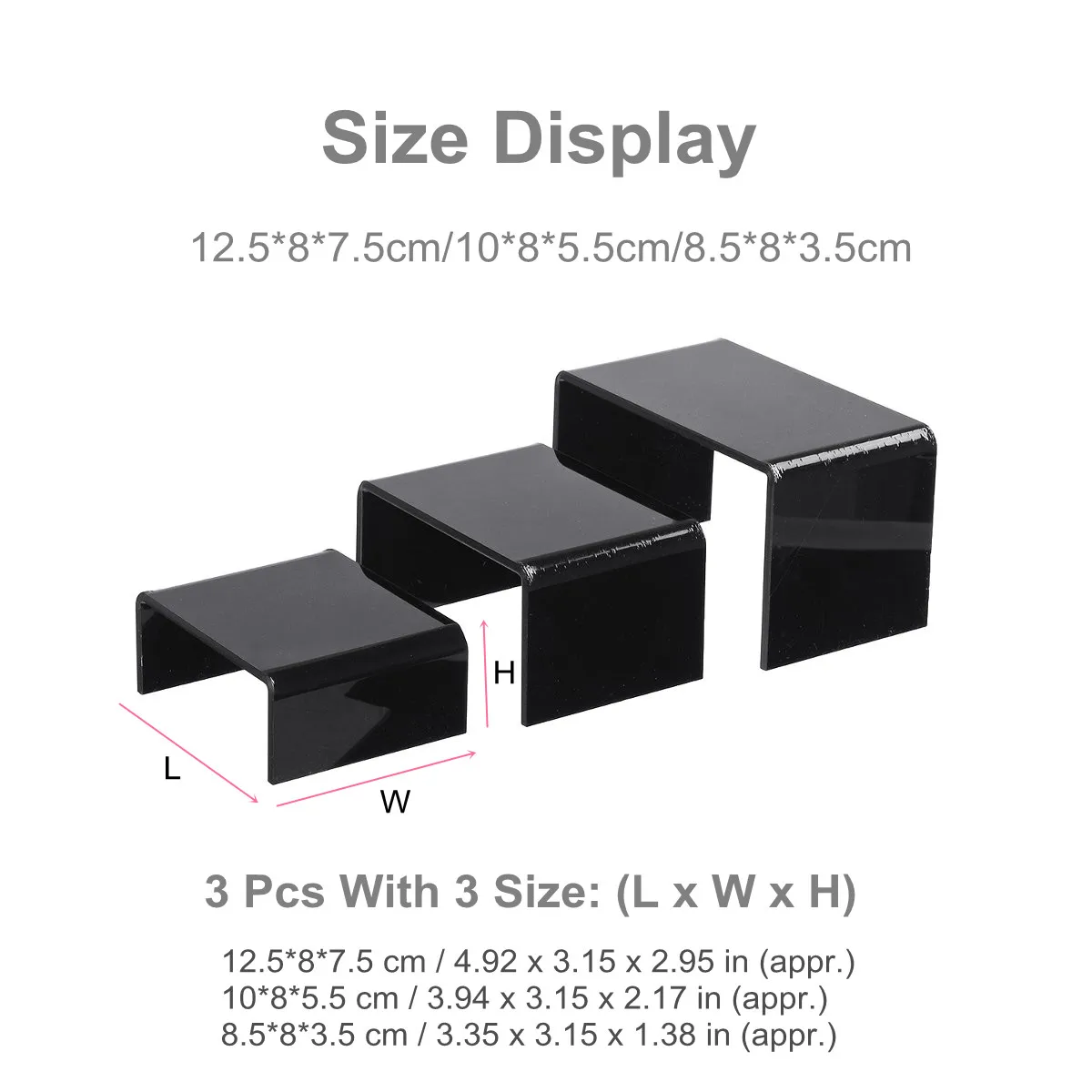 3Pcs Clear Black Acrylic Display Bridges Riser Shelf Plinths Retail Stall Shoe Racks Jewelry Figurines Collection Stand Holder