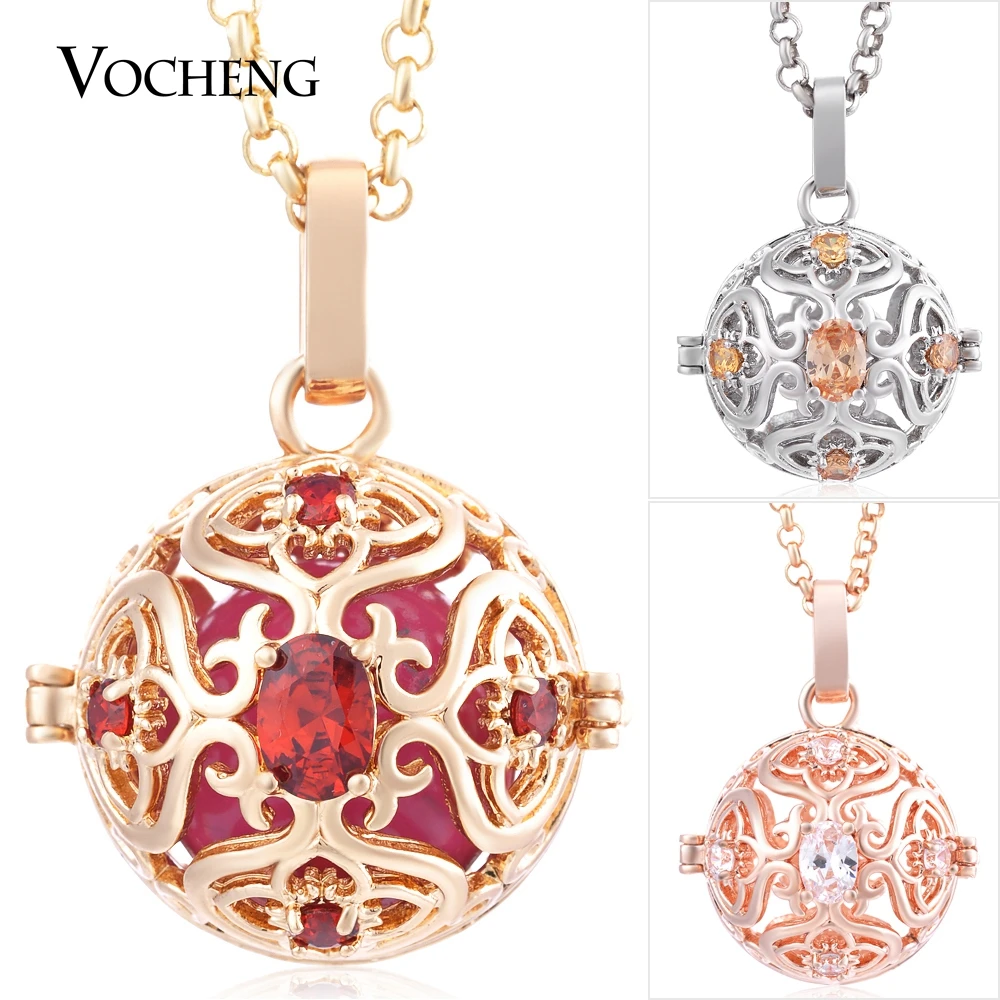 

Vocheng 3 Colors Mexican Chime Round Hollow out CZ Stone Stainless Steel Chain Necklace VA-227