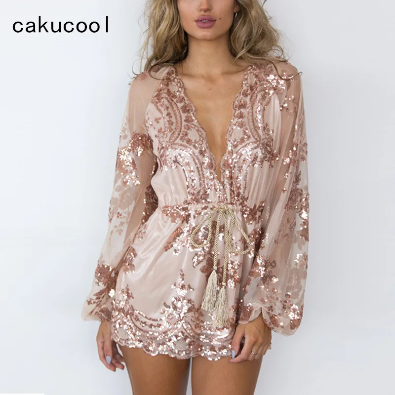 Cakucool новый цветочный комбинезон с длинными рукавами и глубоким v образным