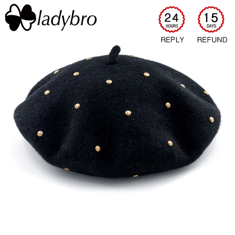 

Ladybro Warm Wool Beret Female Autumn Winter Hats For Women Beret Hat With Rivet Lady Flat Top Cap Painter Hat Bonnet Cap Femme
