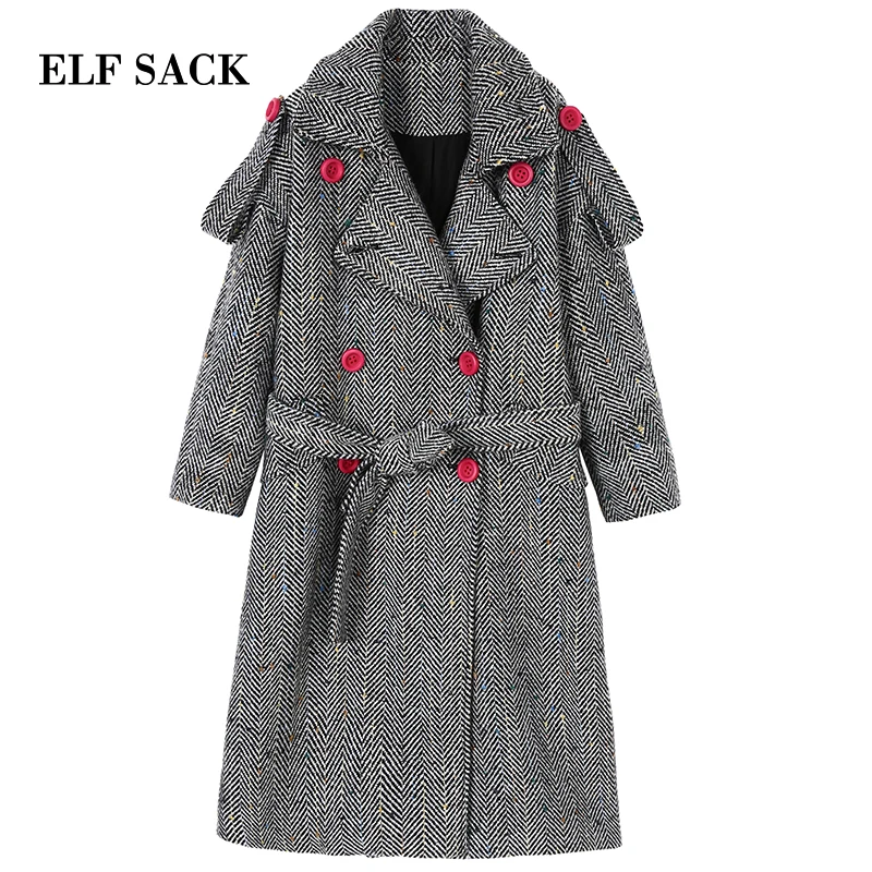 ELFSACK зимнее Новое Женское шерстяное пальто с длинным рукавом в клетку отложным