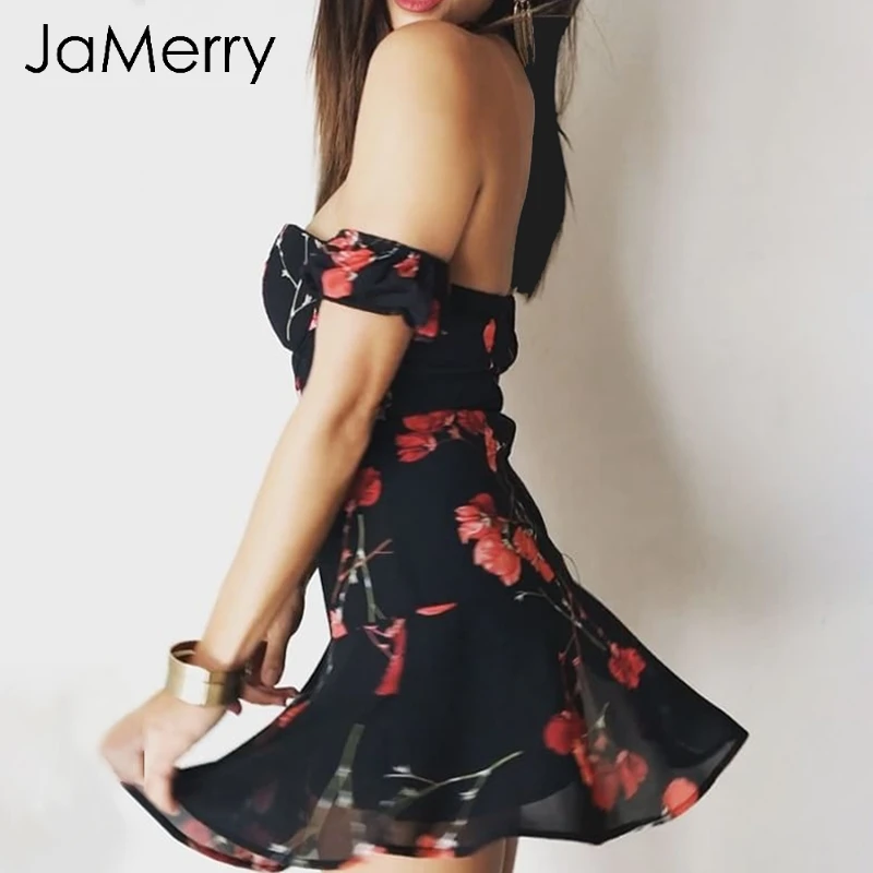JaMerry Весна с открытыми плечами шифоновое платье femme 2018 Boho Цветочный принт