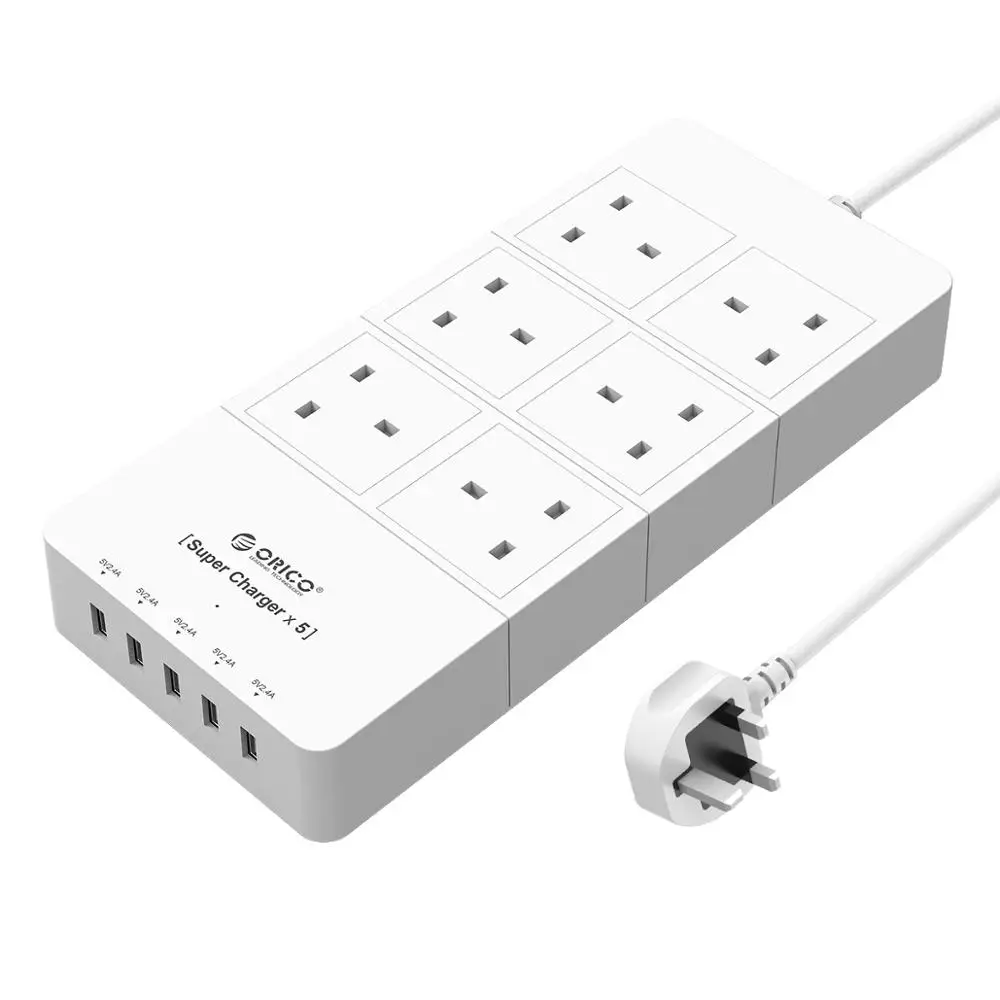 6 Ports AC White ORICO HPC-4A5U-UK-WH, для дома, офиса, Великобритания, вилка, USB, зарядное устройство, адаптер с 6 розетками, сетевой фильтр, 5 футов, шнур питания - Тип штекера: 6 Ports AC White