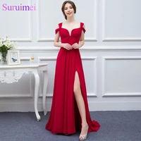 chiffon long events prom dresses v neck sexy side slit cap sleeve red prom dresses evening dress real samples