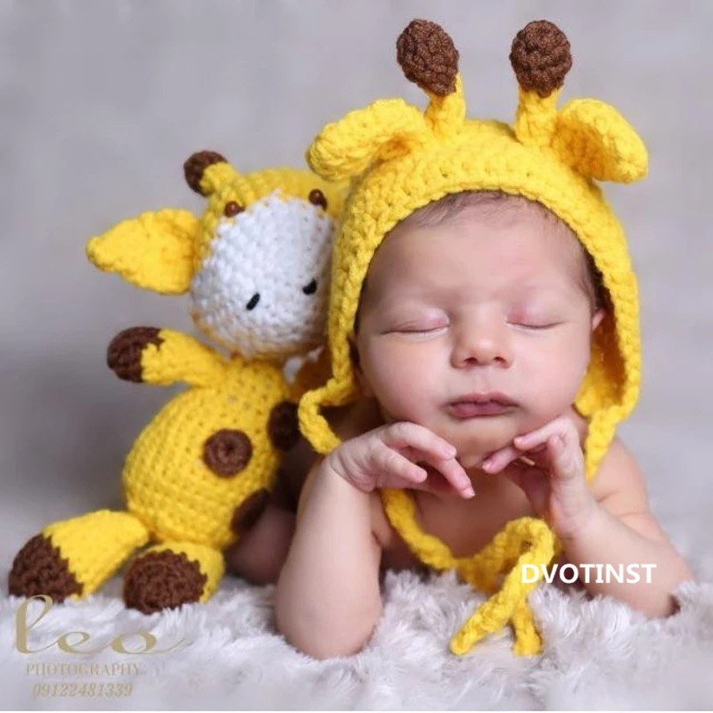 Dvotinst Newborn Photography Props Giraffe Hat+Doll 2pcs Set Crochet Knit Fotografia Accessories Studio Shoot Photo Shower Gift