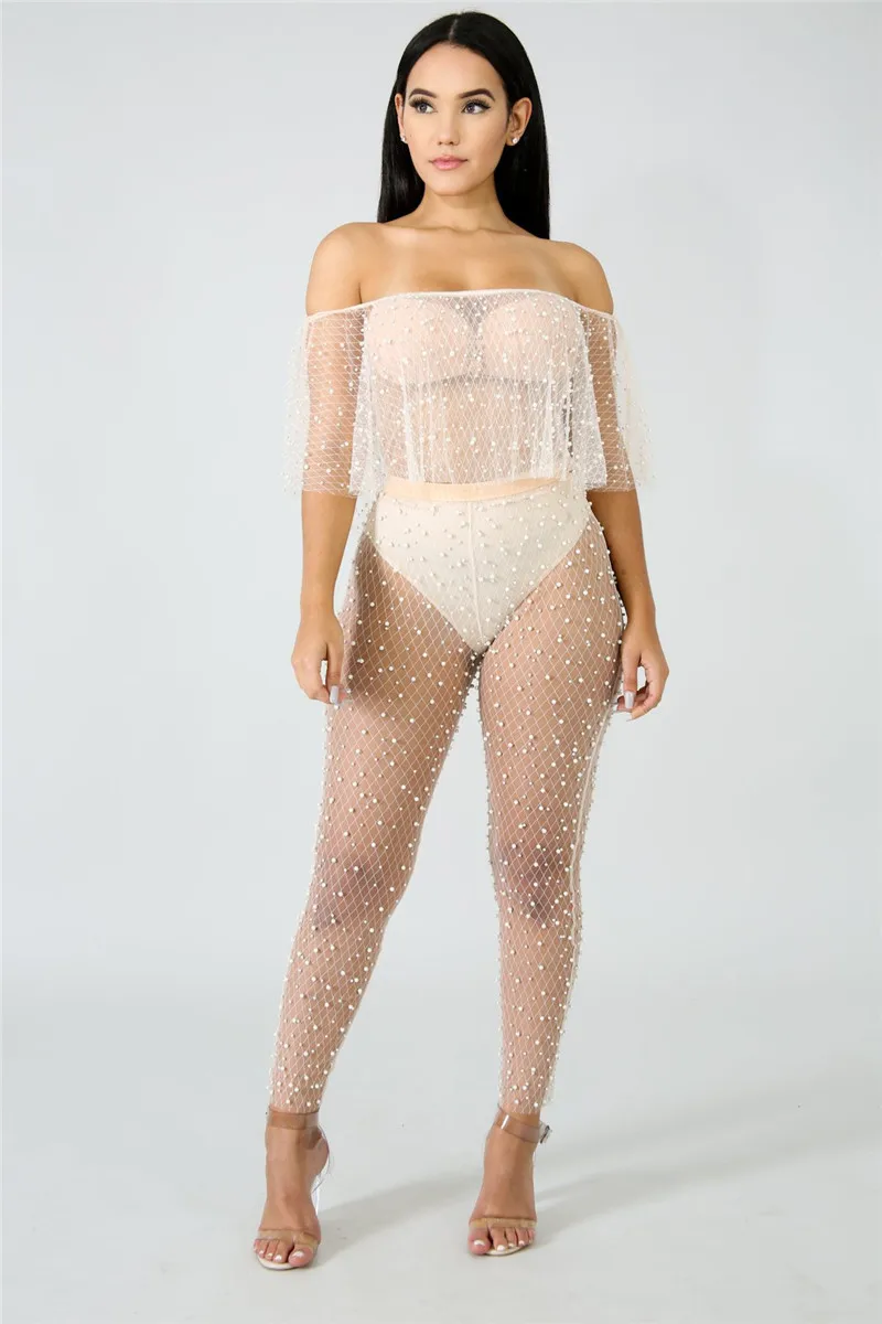 Жемчуг бисер пикантные женский костюм с сеткой с открытыми плечами See Through Bodycon комбинезон лоскутное черный элегантный ночной клуб Боди