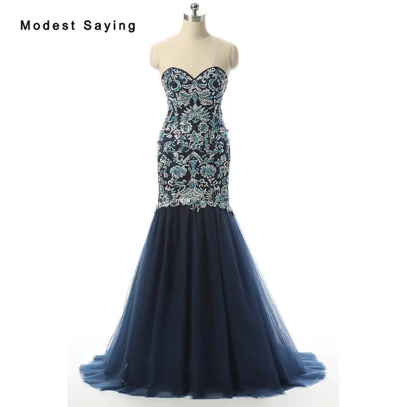 Роскошные темно синие кружевные вечерние платья Русалочки с вышивкой и бисером