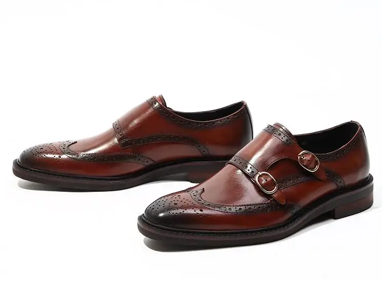 

Carved Brogues Men's Dress Shoes Genuine Leather Handmade Buckle Flats Loafers Patchwork Wedding Smart Casual Monk shoes
