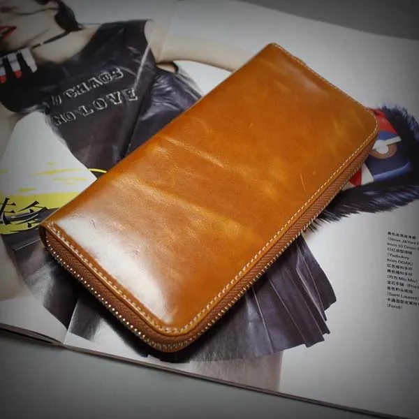 Light Brown Кошелек женский Кожаный кошелек на молнии и женский кошелек с держателями для карт из натуральной кожи/масло воск коровья кожа, ярко-розовый фиолетовый темно-синий черный - Цвет: Light Brown