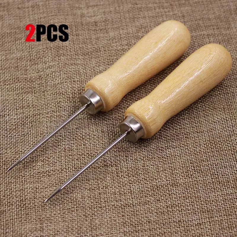 2PCS DIY кожа перфорированная awl деревянная большая ручка перфоратор ремонтный инструмент ручная Кожа иголка швейный инструмент 1 шт/2 шт - Цвет: 2PCS