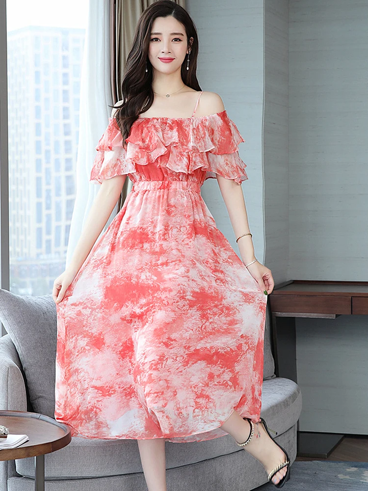 Шифоновое платье на подтяжках для женщин Новинка лета 2019 с эластичной резинкой