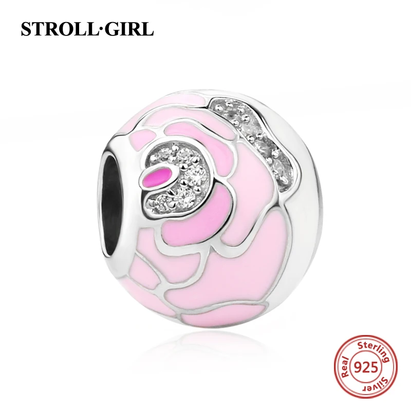 Strollgirl прекрасный круглый Талисманы с розовый лепесток эмаль и серебряные 925 Бусины подходят Pandora Браслеты украшения подарок