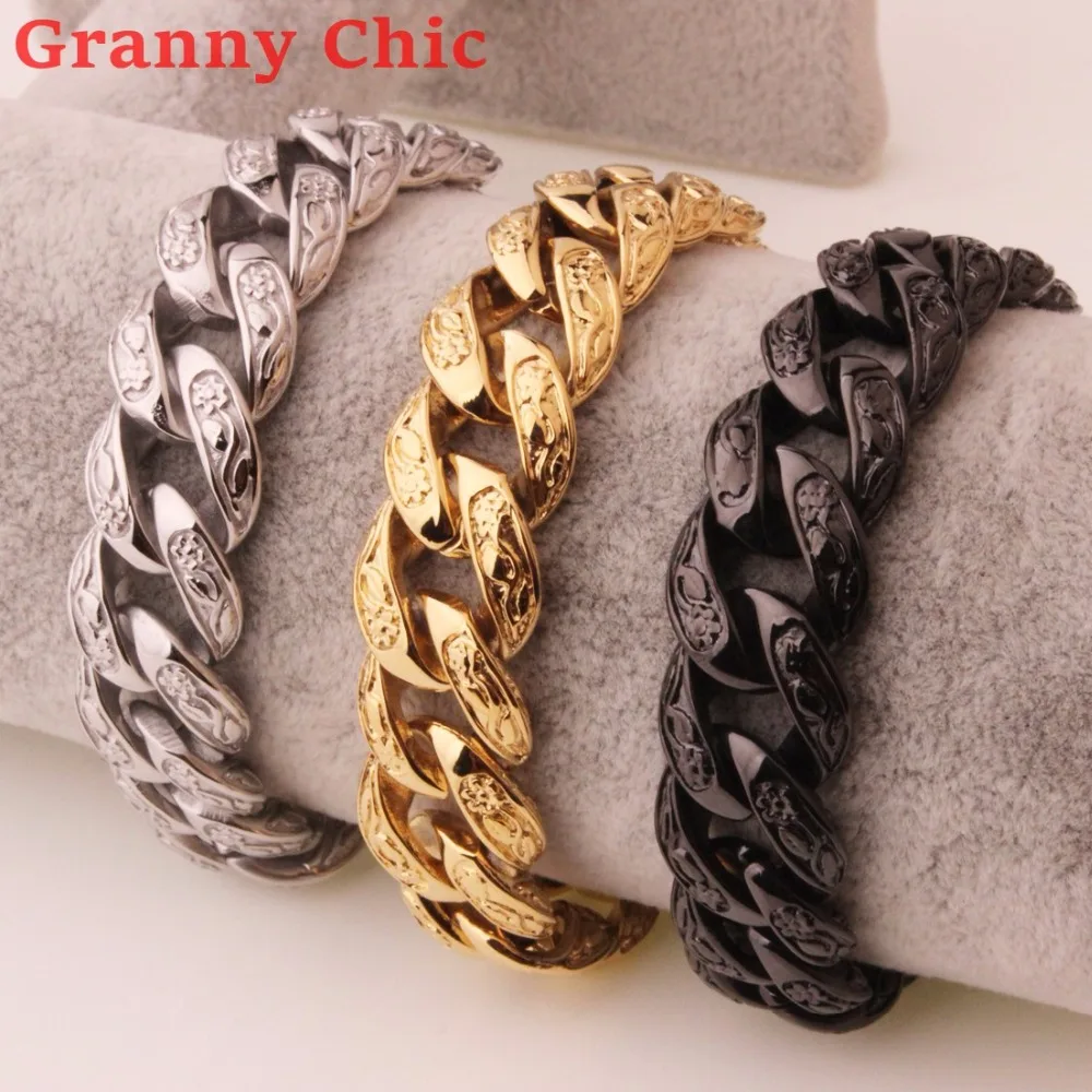 

Granny Chic 9" *15mm 316L Stainless Steel Bracelet Silver Gold Black Color Curb Cuban Link Mens Chain Boys Wholesale Jewelry