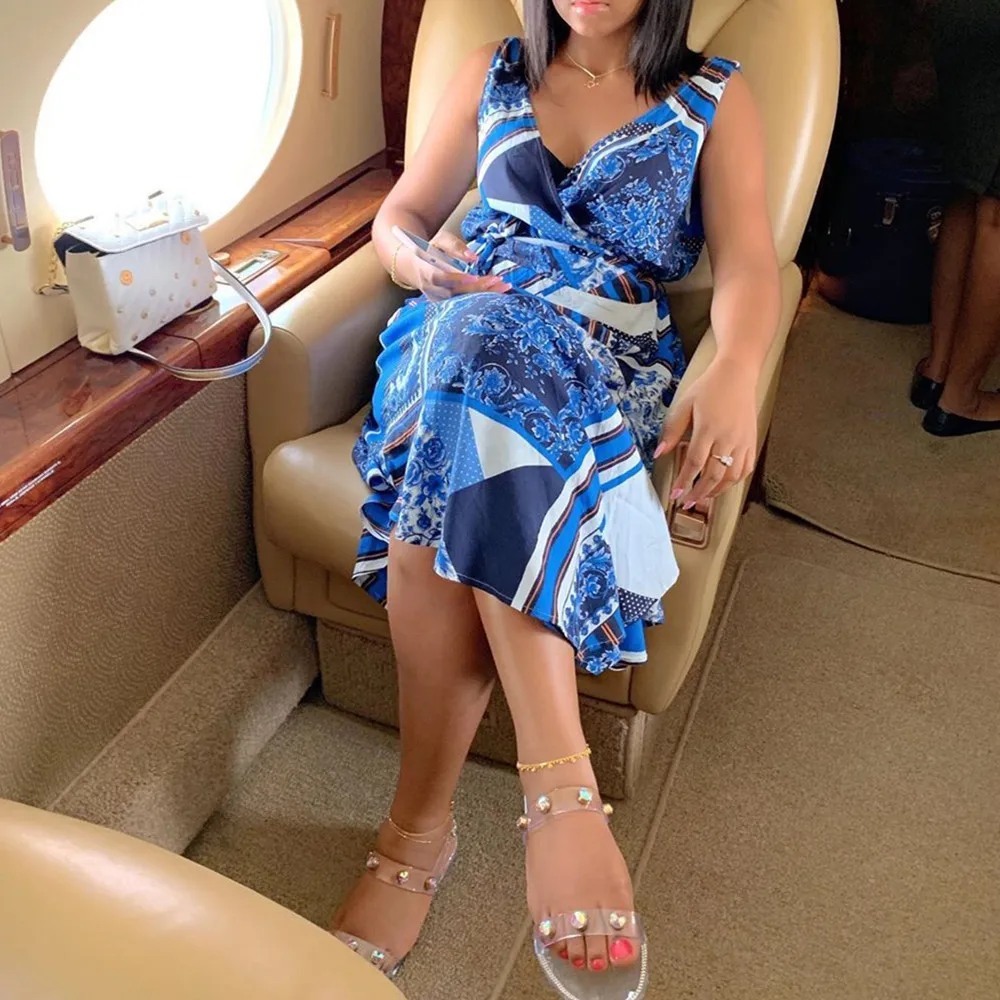 Новое модное женское летнее платье с v образным вырезом без рукавов принтом