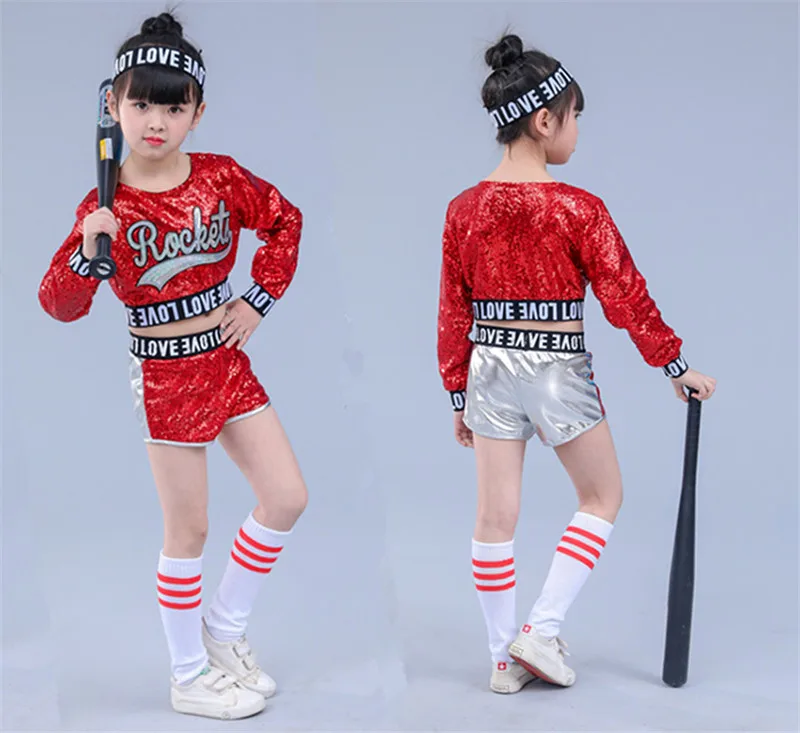 Детский танцевальный костюм в стиле хип-хоп с красными блестками шорты черепом и