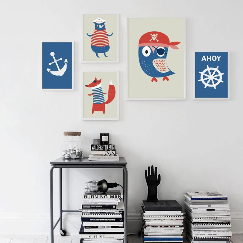 

Mediterranean Decor Sea Pattern Sailor Pirate and Ship Cartoon Art Poster Canvas Painting Wall Pictures for Child Bedroom Decor