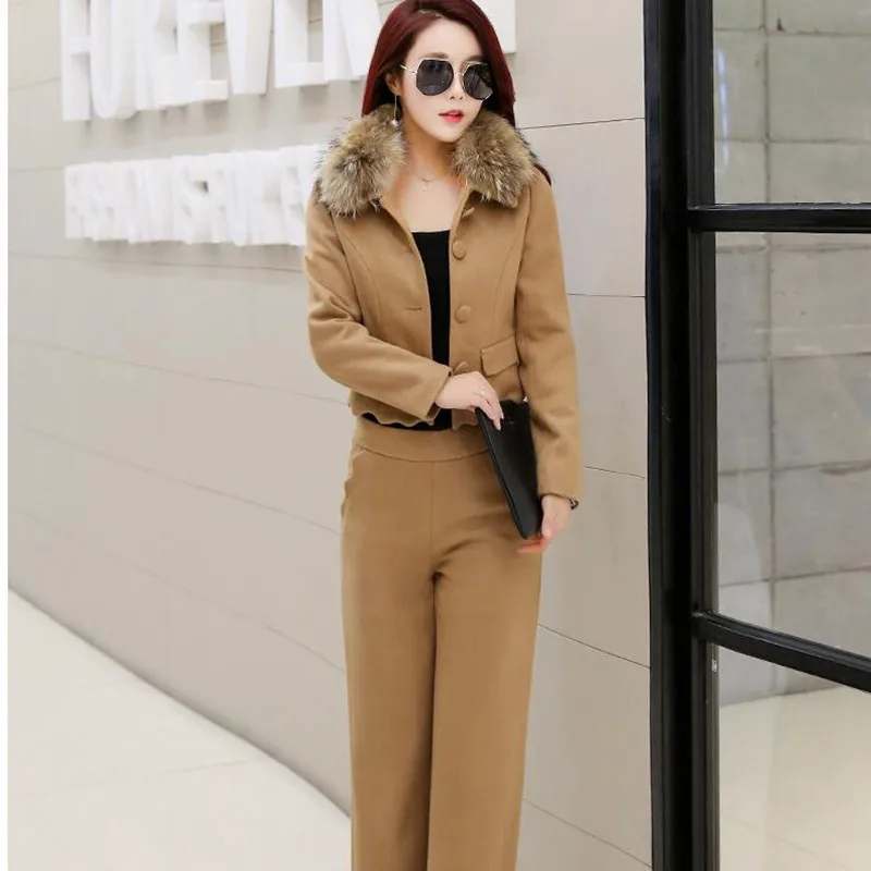 

Women'sautumn and winter Woolen jacket jacket+high waist wide leg pants trousers two piece set office business professional suit