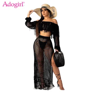 Ажурный вязаный комплект Adogirl из двух предметов с кисточками, летнее пляжное платье, короткий топ с открытыми плечами и рукавами-фонариками + юбка макси