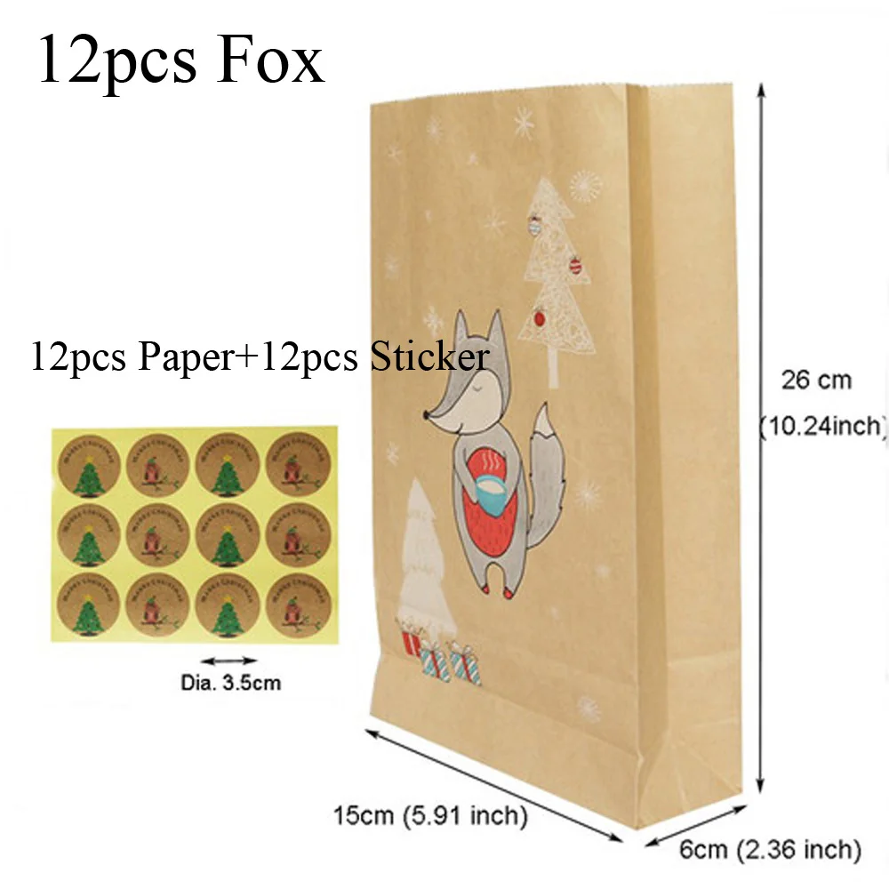 12pcs Fox 12 шт Рождественский крафт-бумажный пакет с 12 шт наклейками лиса лося печать подарочный бумажный пакет рождественские конфеты еда печенье упаковка бумажные пакеты - Цвет: 12pcs Fox