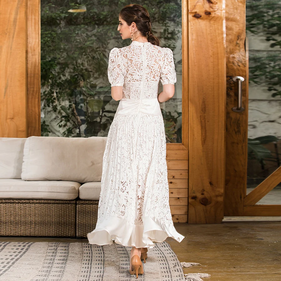 

Wholesale High Quality White Dress Lantern Sleeve Hollow Out See-Through Lace Patchwork Elegant Long Dress Vestido