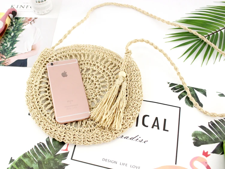 SMOOZA круглая пляжная сумка через плечо с кисточками Летняя мини винтажная ручная