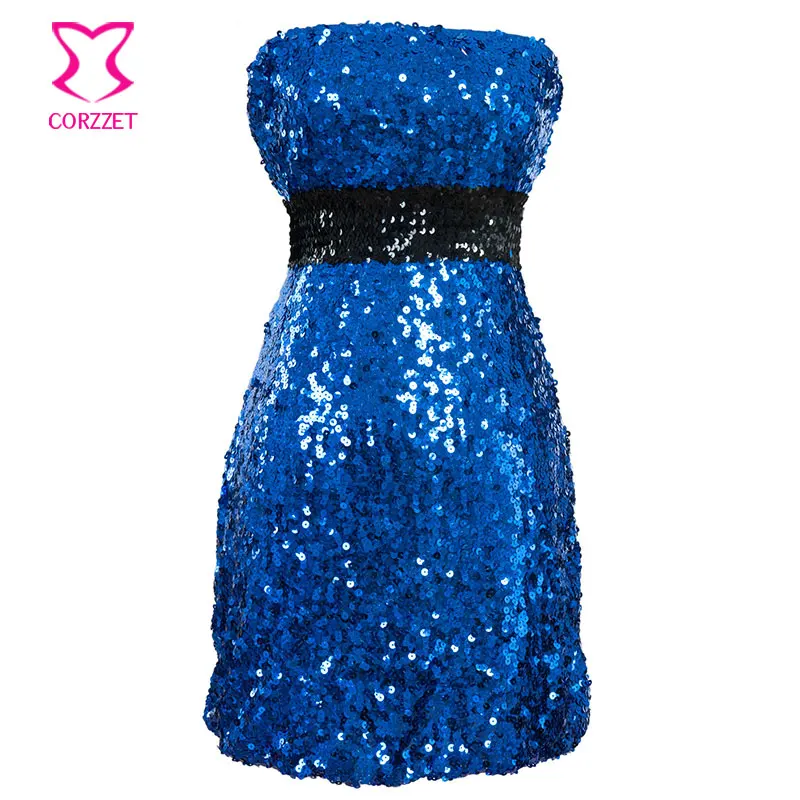 Женское вечернее мини платье контрастных цветов с блестками без бретелек синего