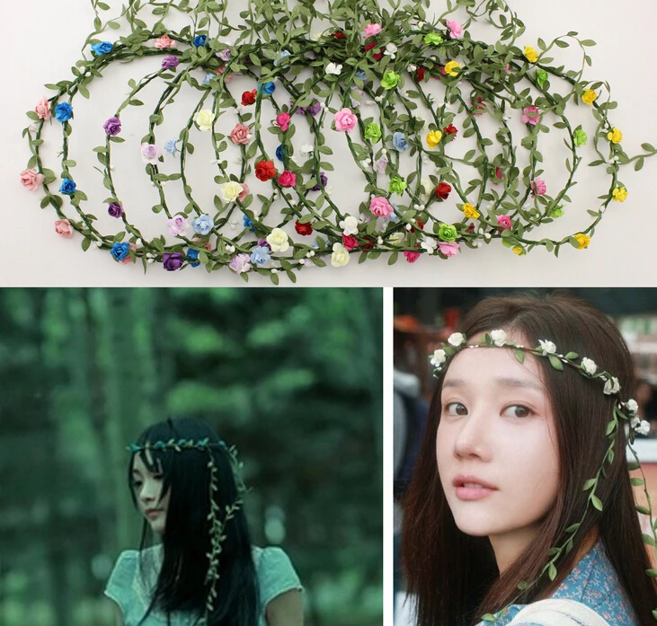 10pcs/lot Handmade Women Headbands Mini Flowers With Green Leaves Pendants Hairband More Colors Handbands For Beach Wear | Дом и сад