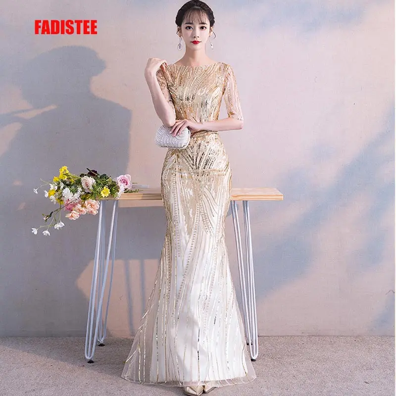 FADISTEE Новое поступление Шикарные Вечерние платья Вечернее платье Vestido de Festa роскошные золотые блестки Половина рукава Пром Кружева длинный стиль