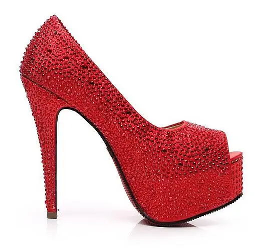 red 14cm heel Свадебные туфли с блестящими стразами белые туфли с открытым носком на высоких каблуках дамские свадебные праздничные туфли низкая цена - Цвет: red 14cm heel