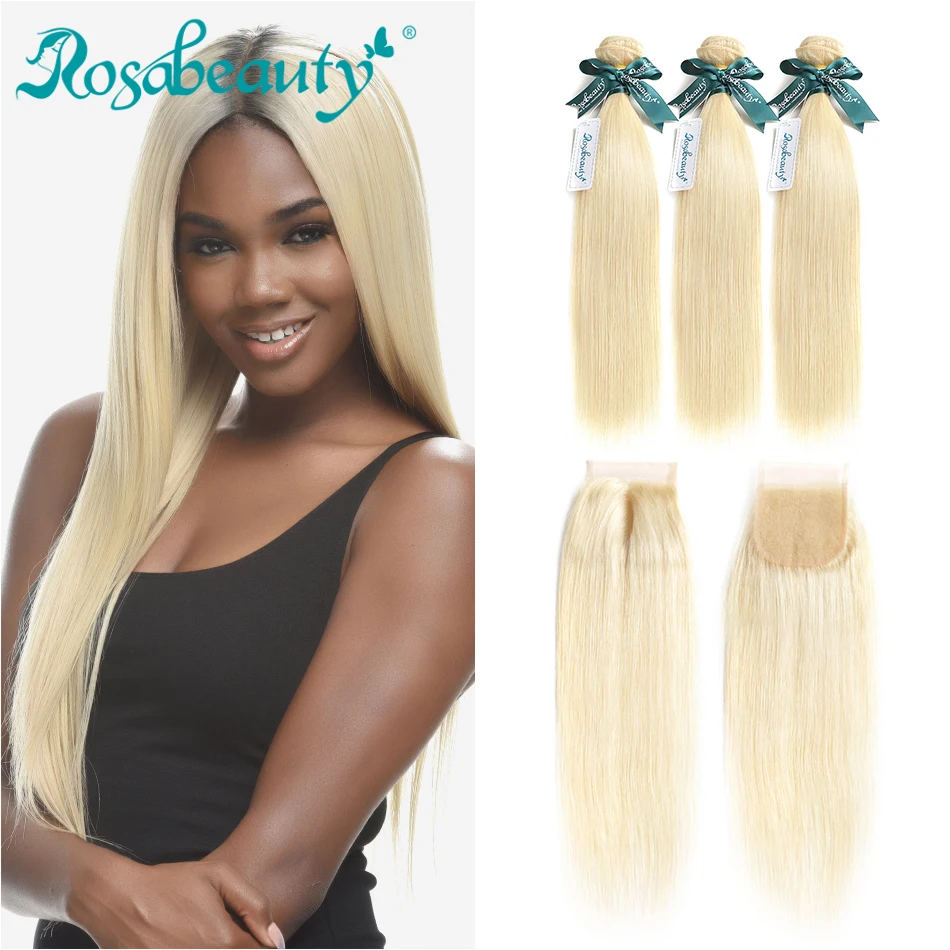 Rosabeauty цилиндрическим хвостовиком 613 светлые волосы пучки с закрытием 4x4 закрытие