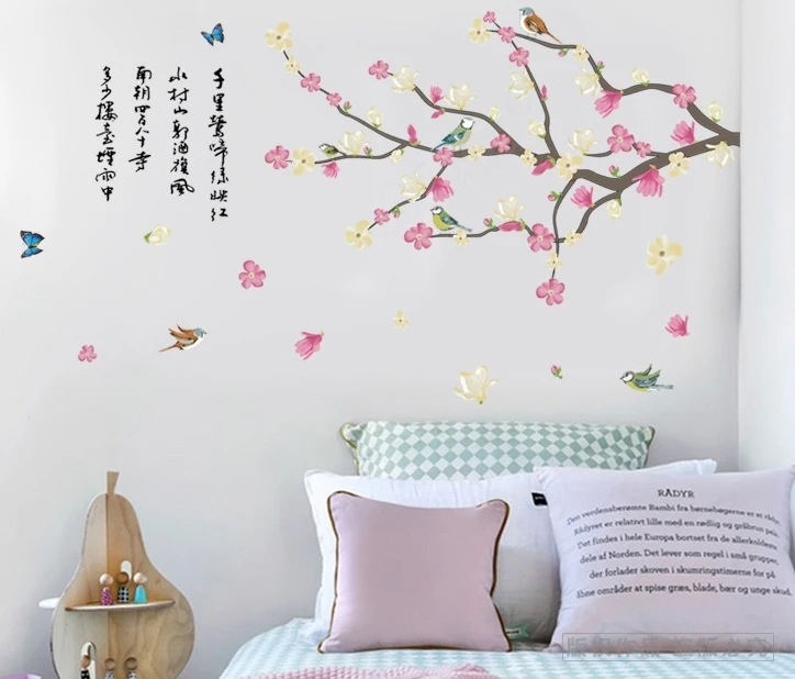 new pink peach flower wall stickers decals spring tree branch arts wallpaper mural women home sofa background house decoration | Дом и сад