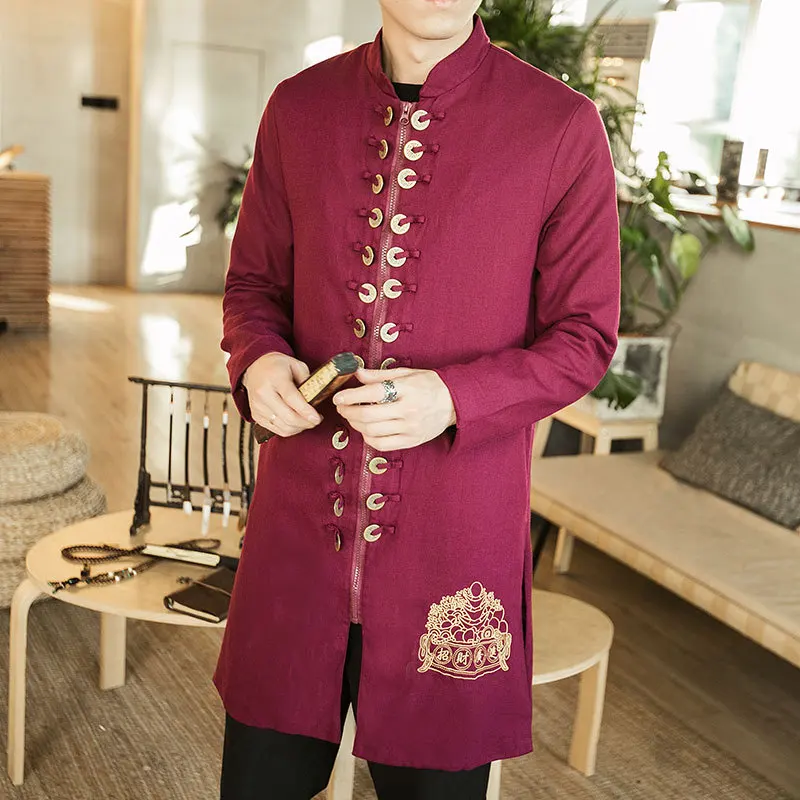 

Autumn winter outfit copper money embroidery jacket men's windbreaker Chinese wind cotton linen long clothes large size coat