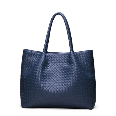 dark blue Импортная ручная плетеная Большая вместительная сумка Высококачественная женская сумка из натуральной кожи сумки через плечо настоящие фотографии - Цвет: dark blue