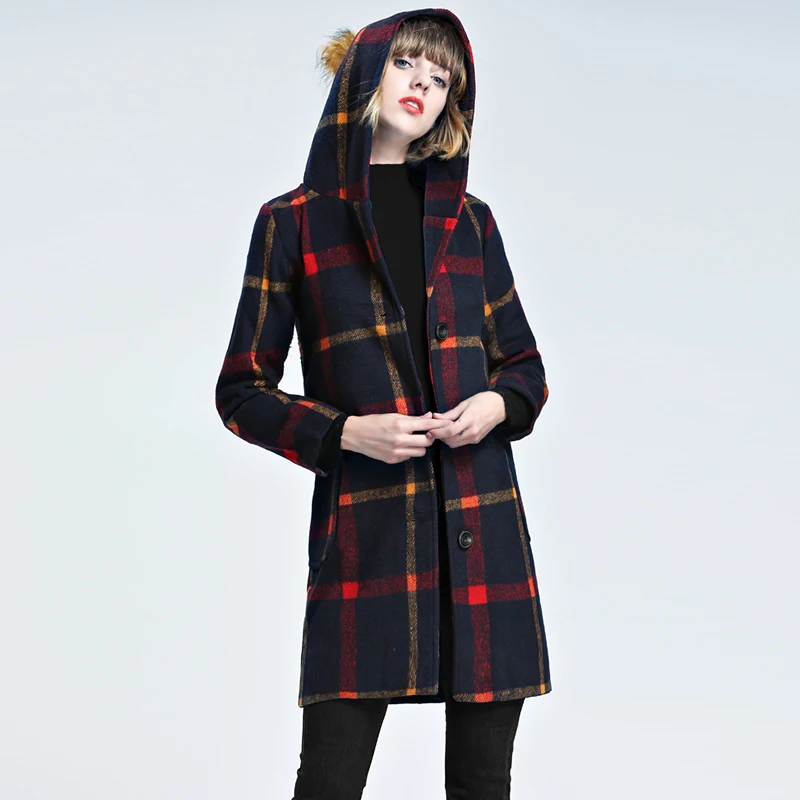 Осенне-зимнее шерстяное пальто женское классическое с капюшоном серая красная