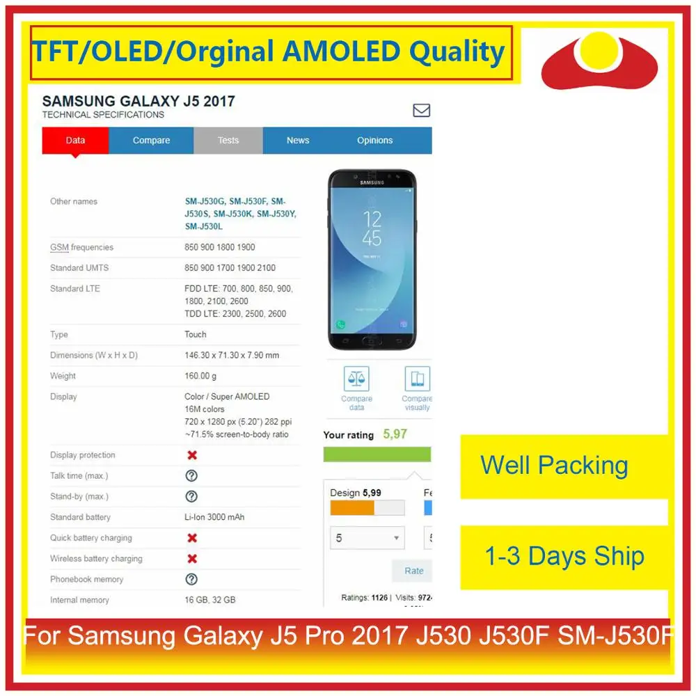 Оригинальный Для Samsung Galaxy J5 Pro 2017 J530 J530F SM ЖК дисплей с сенсорным экраном