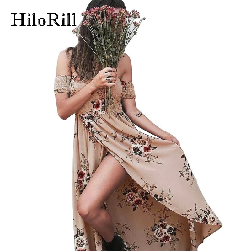 HiloRill Boho Стиль Летнее Длинное Платье женское сексуальное с открытыми плечами