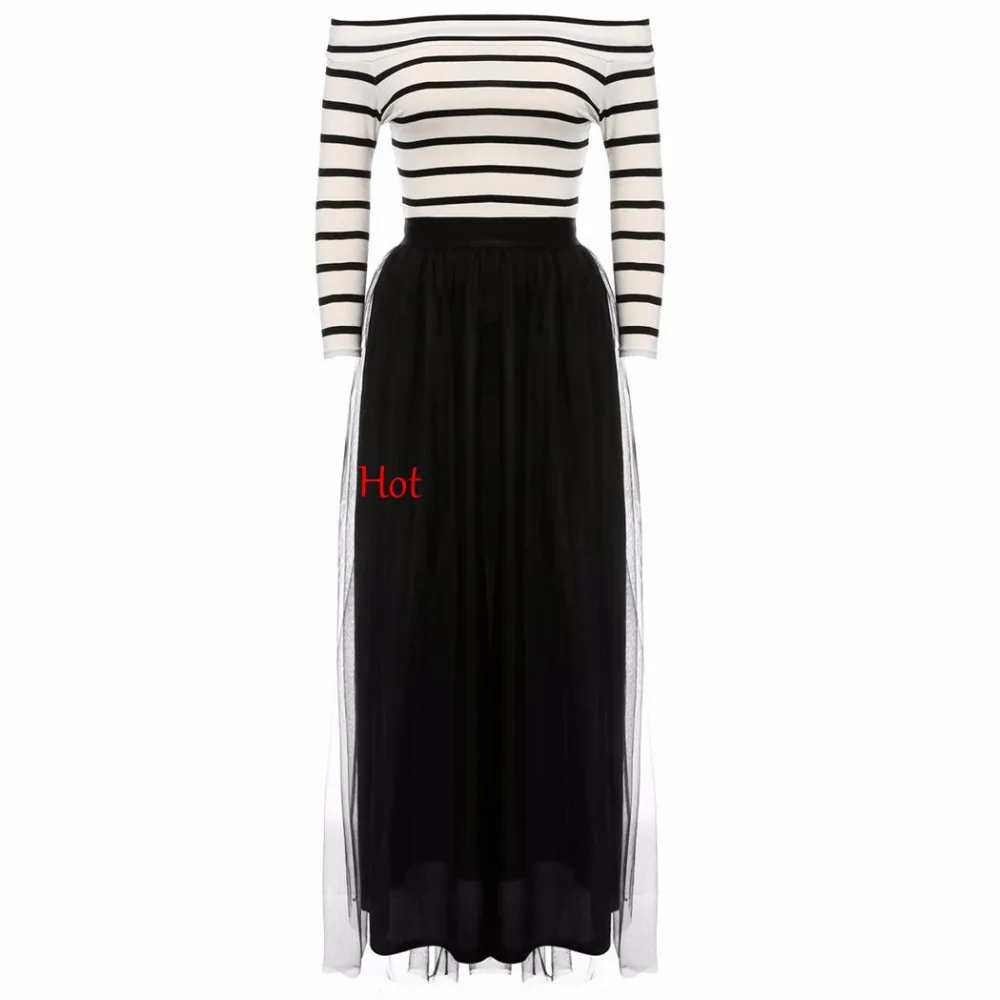 Fashion Women Ladies Off-shoulder Striped T-shirts High Waist A-line Dress Tutu Ball Gown Party Club Slim Maxi Long Sets | Женская