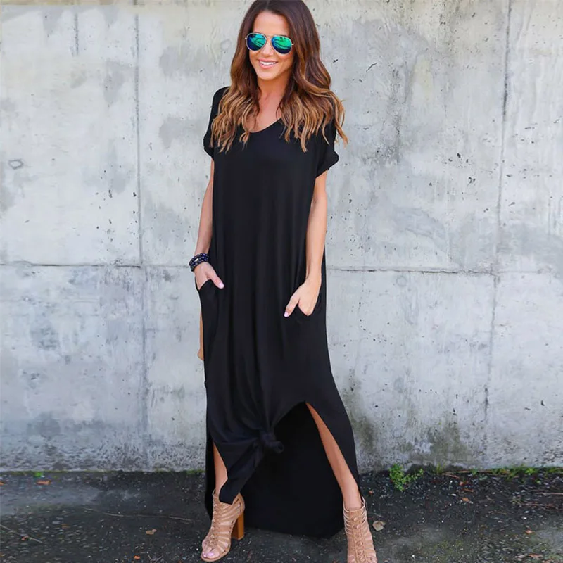 Новый Для женщин Повседневное свободные карман длинное платье короткий рукав