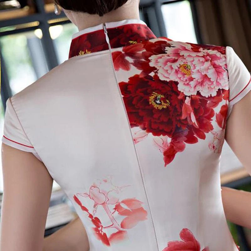 Китайский Для женщин атлас Cheongsam длинное платье с цветочным рисунком бархат шелк