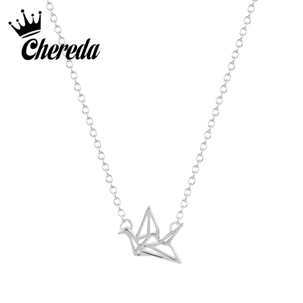 

Chereda Silver Necklace For Women Thousand Paper Crane Pendants Necklaces Animal Chain Choker Origami bijoux femme