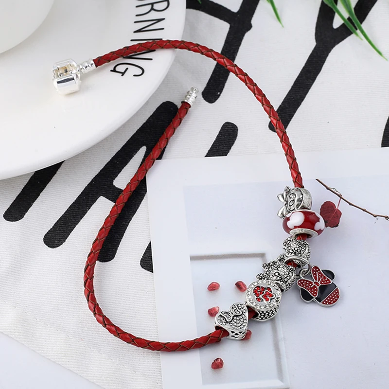 BAOPON серебряный цвет кожаный браслет с Микки Минье бусины тонкие браслеты для женщин детские ювелирные изделия подарок дропшиппинг