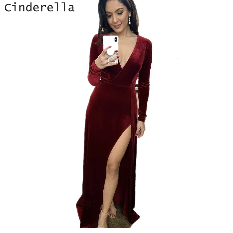 

Cinderella V-Neck Long Sleeves Side Slit Court Train Mermaid Velour Prom Dresses Green Zipper Back Prom Party Evening Gowns