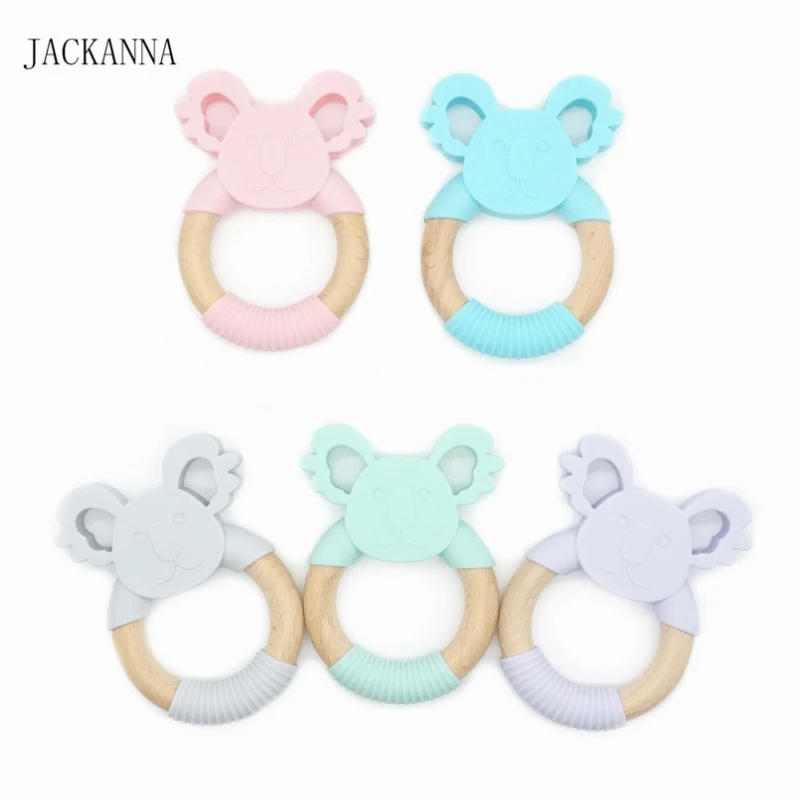 1PC Animal Shape Silicone Teether Wooden Ring Nursing Accessories Chewable Rattle Toy Circle Newborn Shower Gifts Baby Teether