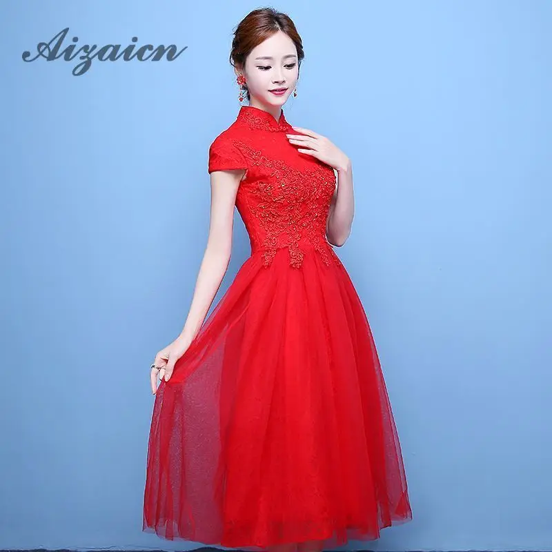 Красное свадебное платье в китайском стиле Cheongsam с коротким рукавом и вышивкой