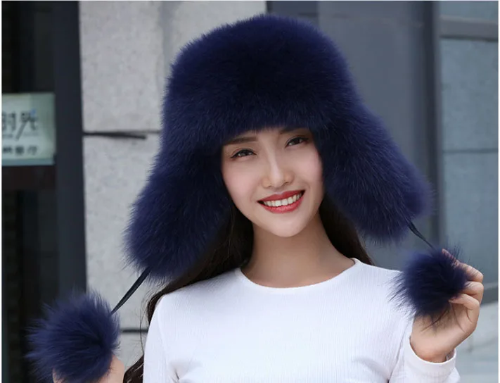blue 19 nuevo invierno ruso натуральный Лисий sombrero de piel caliente Venta caliente buena calidad piel de zorro bombardero sombreros g - Цвет: blue
