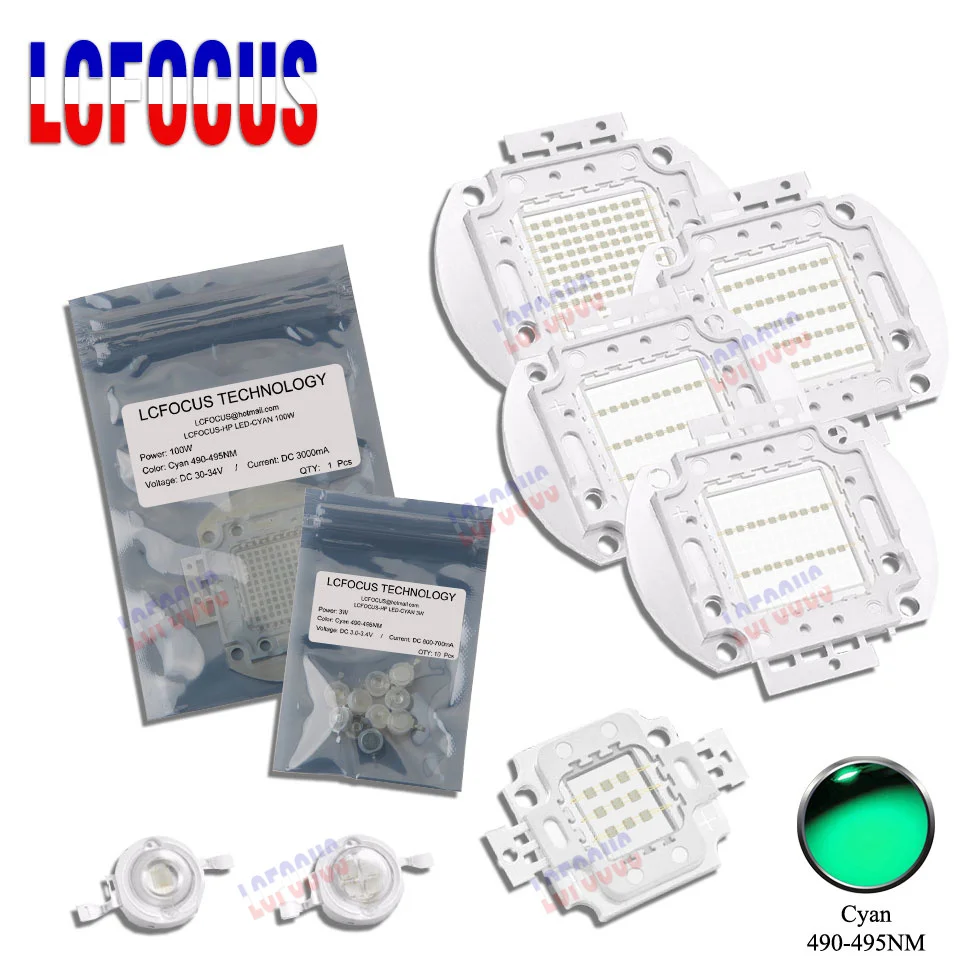 Высокая мощность 1 Вт 3 5 10 20 30 50 100 Cyan 490 495NM LED COB чип лампа SMD диодные